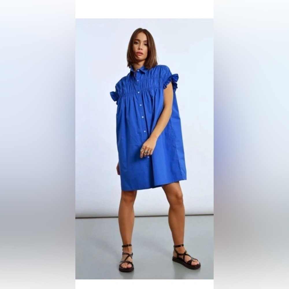 LILI SIDONIO Ruffle Smocked Chest Button Down Shirt Midi Dress Sz‎ S relaxed fit